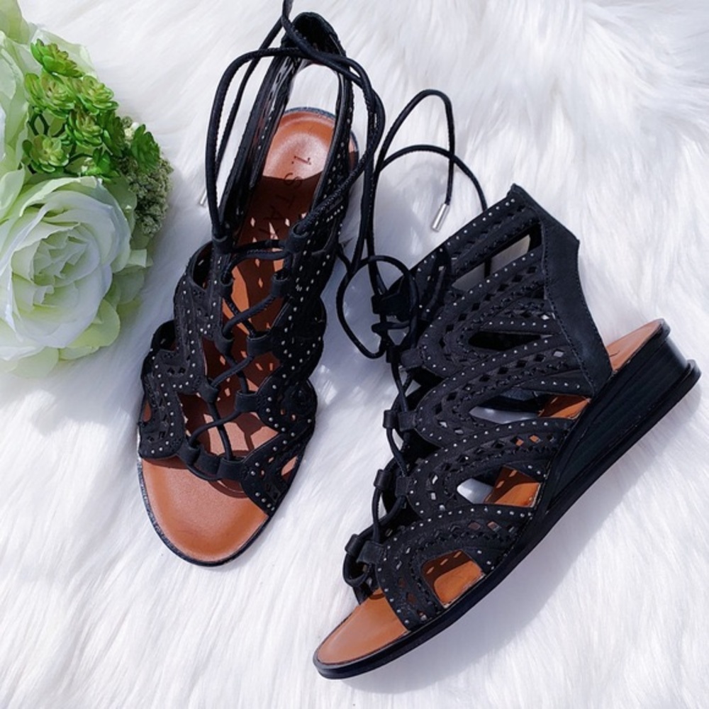1.State Black Leather Lace Up Wedge Sandals Size 9